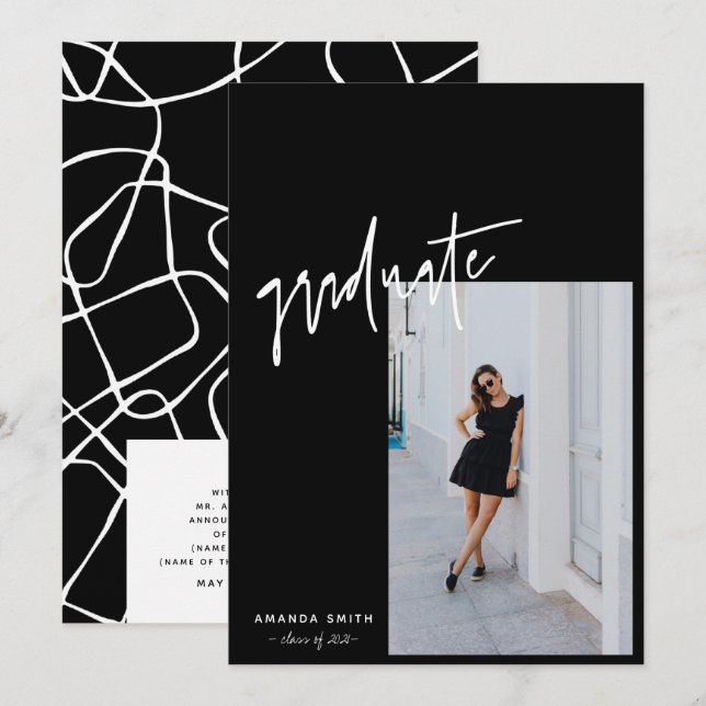 Black Minimalist Modern Script Photo Graduation Announcement (Front/Back)