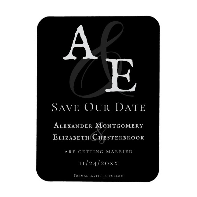 Black Minimalist Monogram Save the Date Magnet (Vertical)
