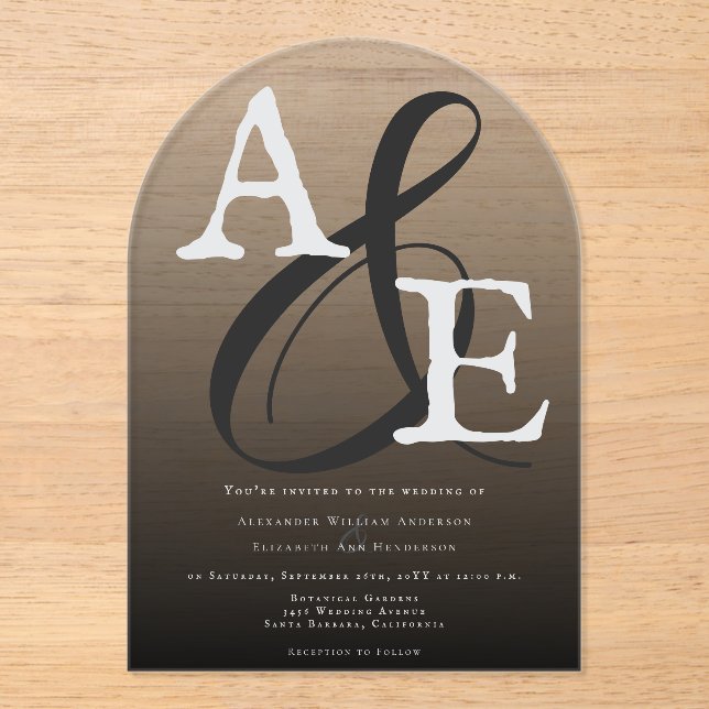Black Minimalist Monogram Wedding Acrylic Invitations (Front)