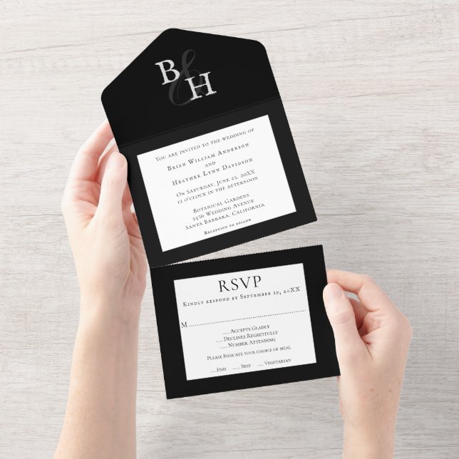 Black Minimalist Monogram Wedding All In One Invitation (Tearaway)