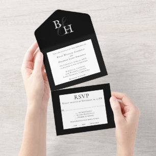 Black Minimalist Monogram Wedding All In One Invitation