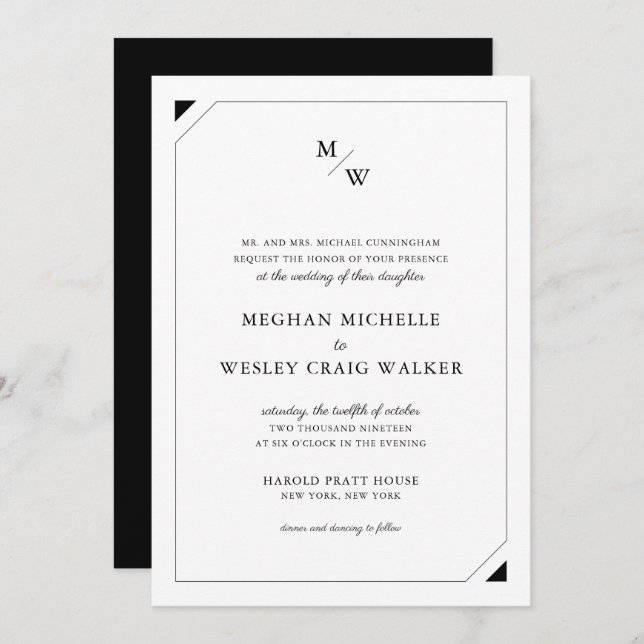 Black Minimalist Monogram Wedding Invitation (Front/Back)