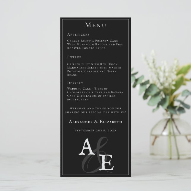 Black Minimalist Monogram Wedding Menu (Standing Front)