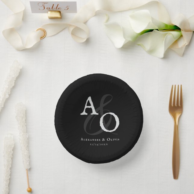Black Minimalist Monogram Wedding Paper Plate (Wedding)