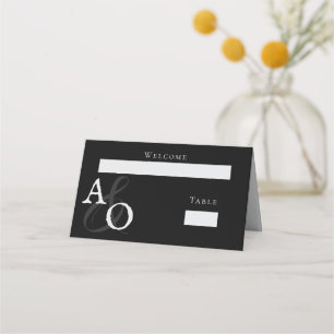 Black Minimalist Monogram Wedding Reception Place Card