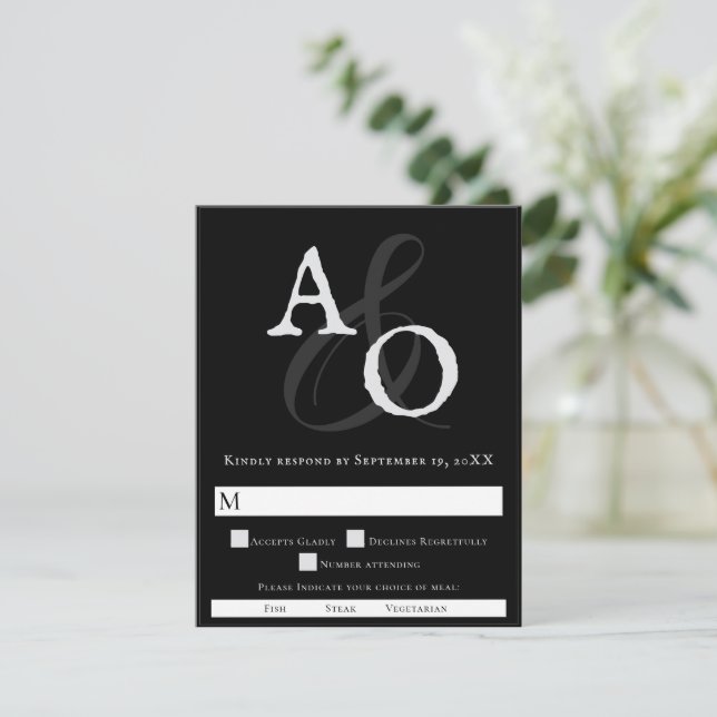 Black Minimalist Monogram Wedding RSVP Card (Standing Front)