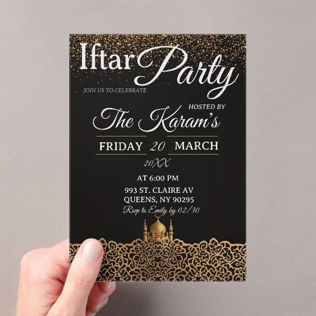 Black Minimalist Mosque Ramadan Iftar Party  Acrylic Invitations (Insitu (Handheld))