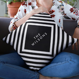 Black Minimalist Name Geometric White Pattern Cushion