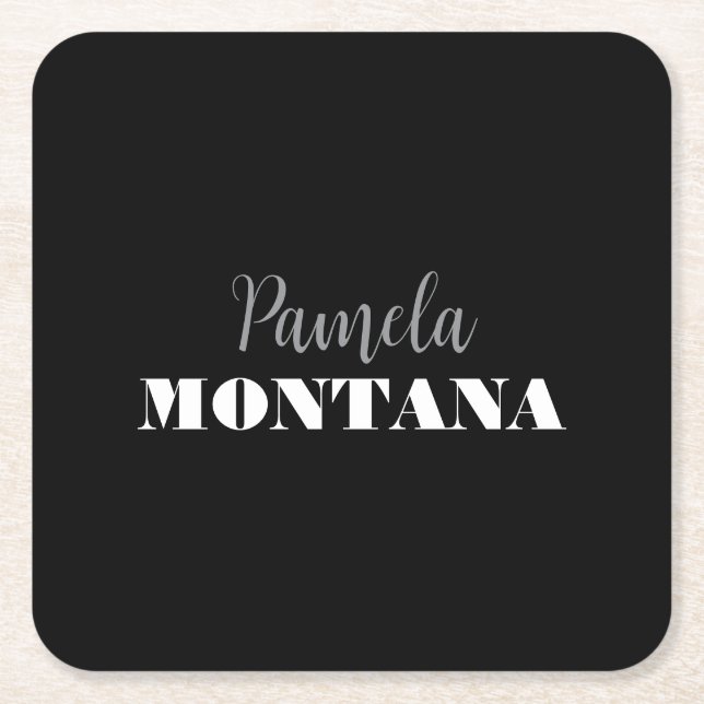 Black Minimalist Personal Modern Square Paper Coaster (Front)