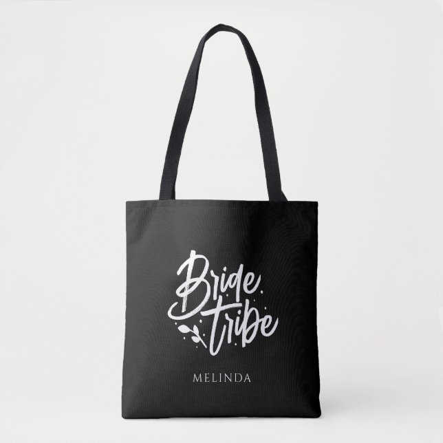 Black Minimalist Personalised Bride Tribe Tote Bag (Front)