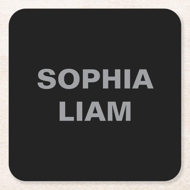 Black Minimalist Personalised Name Square Design Paper Coaster (Front)