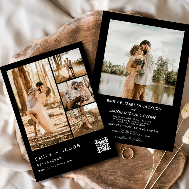 Black Minimalist Photo QR code Five 5 Wedding Invitation (Creator Uploaded)