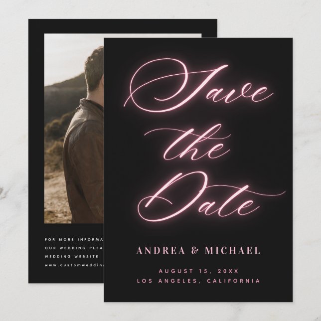 Black Minimalist Pink Neon Photo & QR Code Wedding Save The Date (Front/Back)