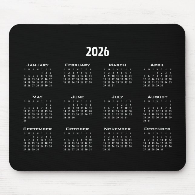 Black Minimalist Plain Calendar | Modern Simple Mouse Mat (Front)