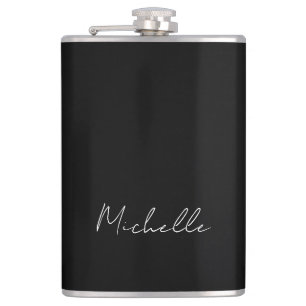 Black Minimalist Plain Modern Own Name Calligraphy Hip Flask