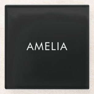Black Minimalist Professional Plain Simple Name Glass Coaster