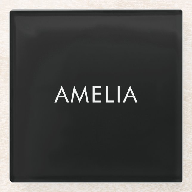 Black Minimalist Professional Plain Simple Name Glass Coaster (Front)