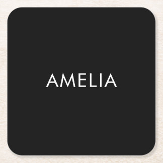 Black Minimalist Professional Plain Simple Name Square Paper Coaster