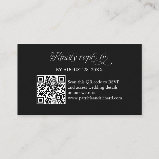 Black Minimalist QR Code RSVP Scan to Reply Enclosure Card (Front)