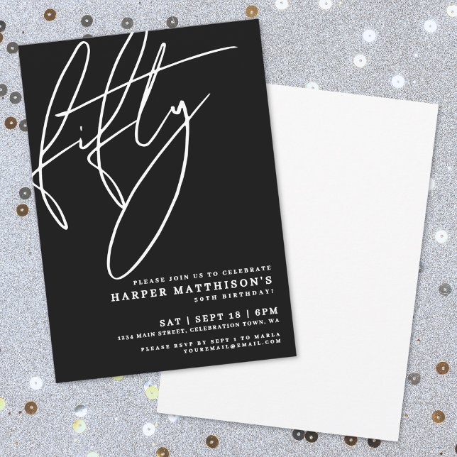 Black Minimalist Script Fifty 50th Birthday Party Invitation (Black Minimalist Script Fifty 50th Birthday Party Invitation)