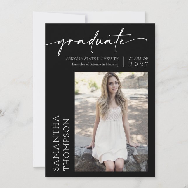 Black Minimalist Script Two Photo Graduation Party Invitation (Front)