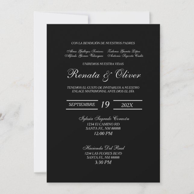 Black Minimalist Spanish Wedding Invitation (Front)