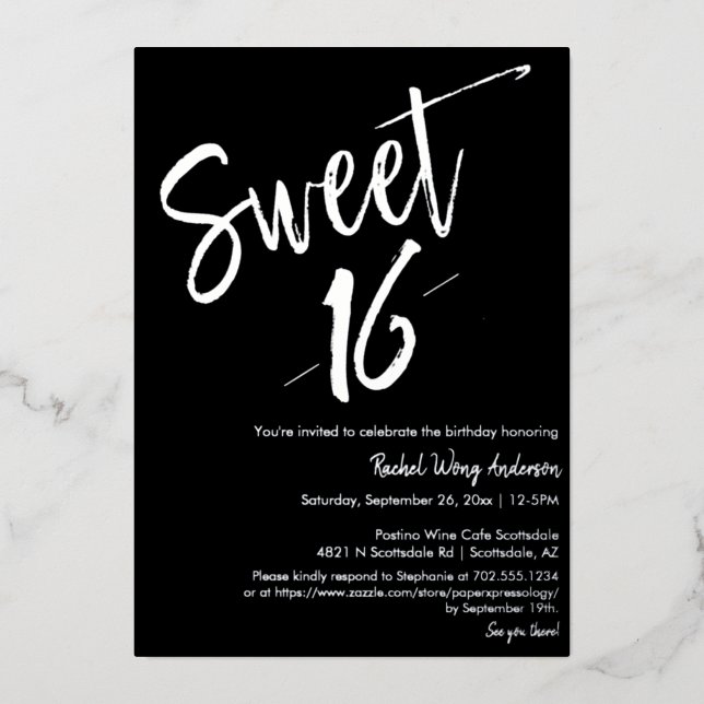 Black Minimalist Sweet 16th Birthday Party Silver (Front)
