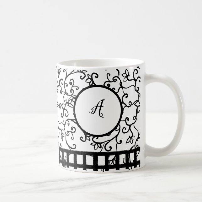 Black Minimalist Vine Floral Black Checked  Coffee Mug (Right)