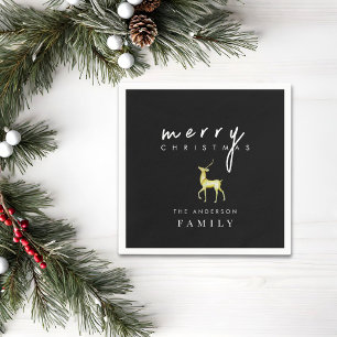 Black Minimalist Watercolor Reindeer Christmas Napkin