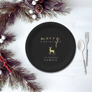 Black Minimalist Watercolor Reindeer Christmas Paper Plate