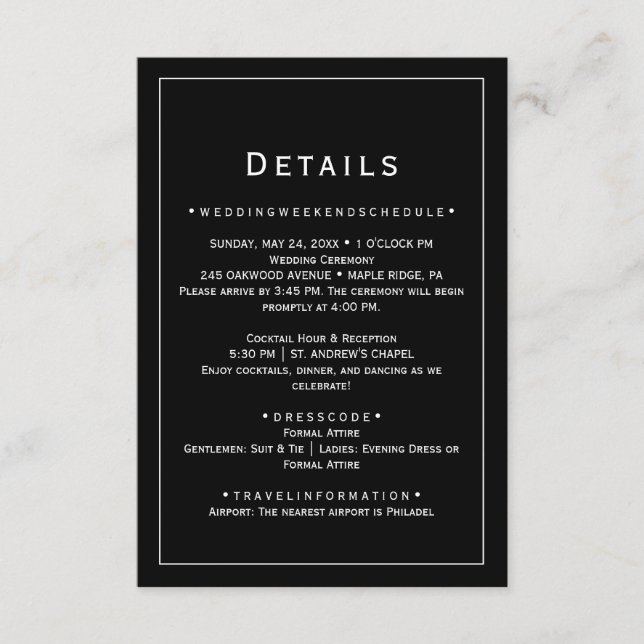 Black Minimalist Wedding Details Card (Front)