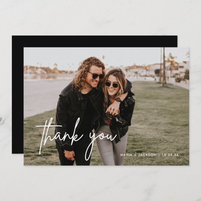 Black Minimalist Wedding Photo Thank You Cards (Front/Back)