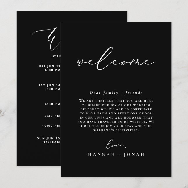 Black Minimalist Wedding program Welcome Bag card (Front/Back)