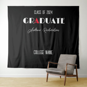 Black minimalist white red graduation name tapestry