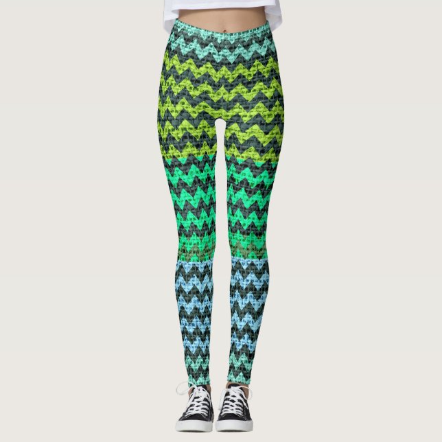Black Mint Green Chevron Pattern Burlap Look Leggings (Front)