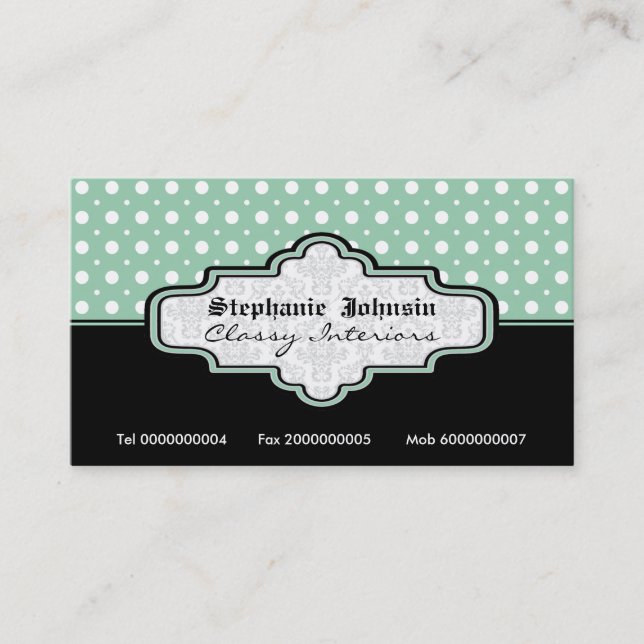 Black mint green white polka dot interiors business card (Front)