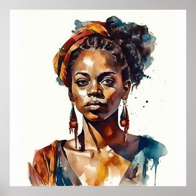 Black Model Boho High Fashion Woman Watercolor Poster (Front)