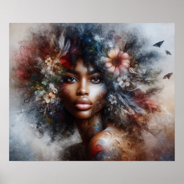 Black Model High Fashion Woman Beautiful Floral Poster (Front)