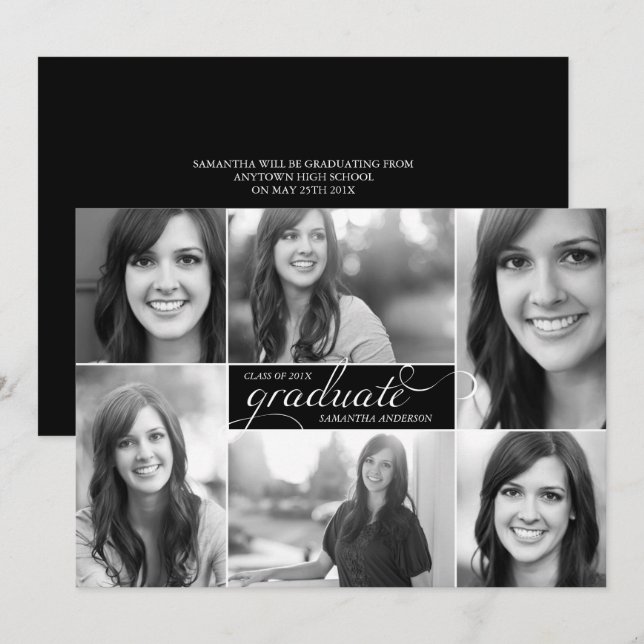 Black Modern 6 Photo Script Graduation Invite (Front/Back)