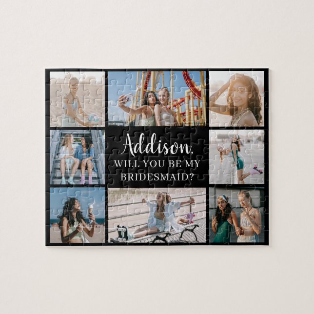 Black Modern 8 Photo Collage Bridesmaid Proposal Jigsaw Puzzle (Horizontal)