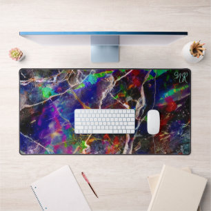 Black Modern Abstract Marble Colourful Neon Initia Desk Mat