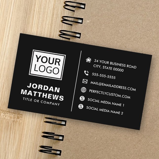 Black modern add logo social media icons business card (Black modern add logo social media icons business card)