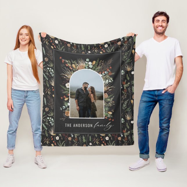 Black modern arch photo watercolor botanical fleece blanket (In Situ)