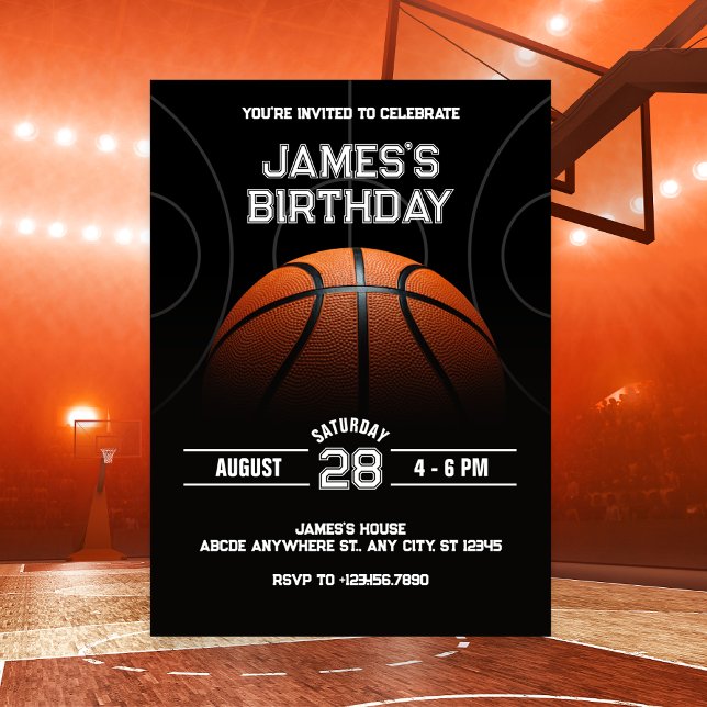 Black Modern Basketball birthday  Invitation (Creator Uploaded)