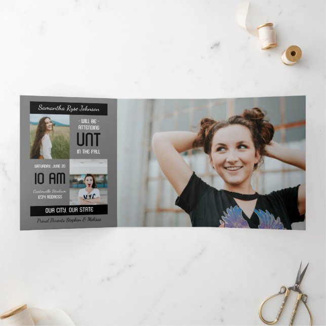 Black Modern Block 5-Photo Graduation Tri-Fold Invitation (Inside)