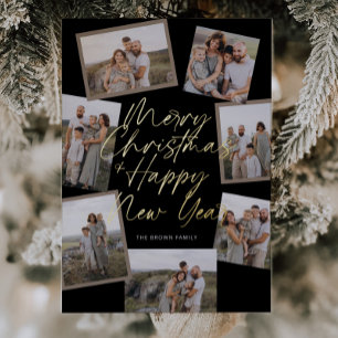 Black Modern Boho 8 Photo Collage Christmas  Foil Holiday Card