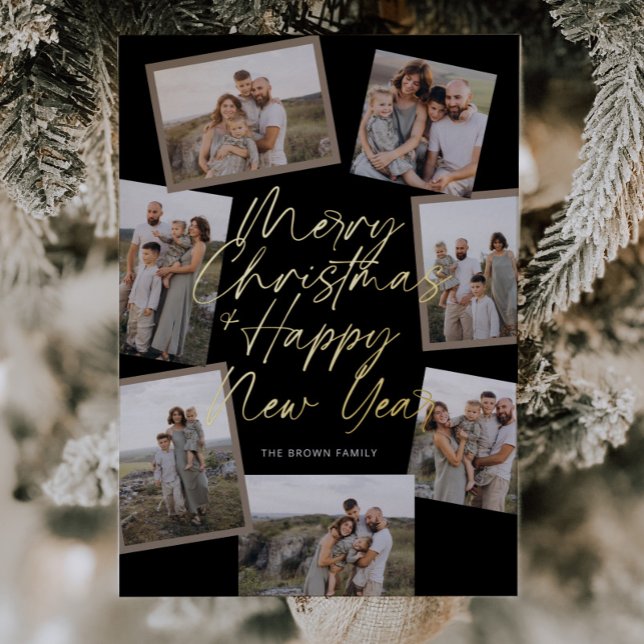 Black Modern Boho 8 Photo Collage Christmas  Foil Holiday Card (Creator Uploaded)