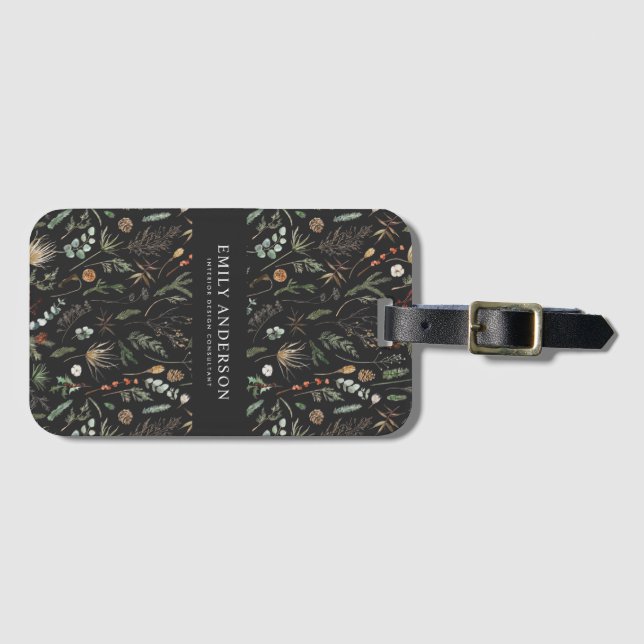 black modern botanical elegant contemporary  luggage tag (Front Horizontal)