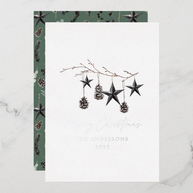 Black modern botanical green Christmas Foil Holiday Card (Front/Back)