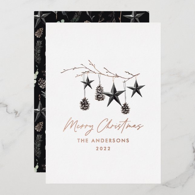 Black modern botanical scandi Christmas Foil Holiday Card (Front/Back)